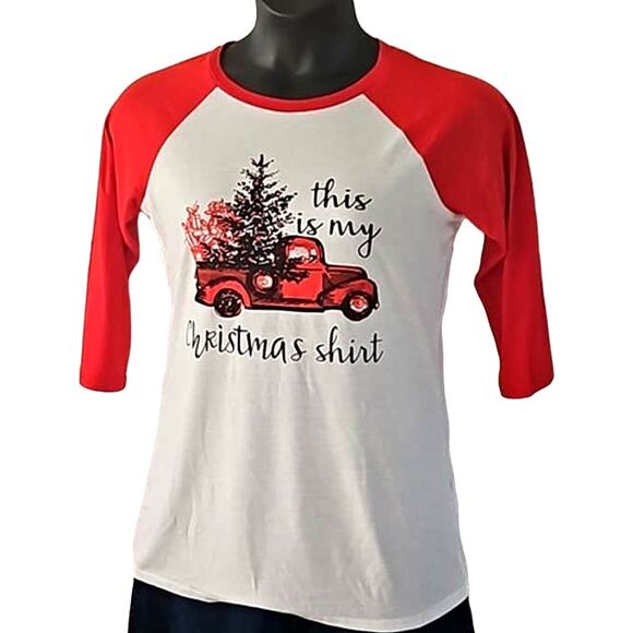 NWT Yexipo Women’s Red & White “This Is My Christmas Shirt” Raglan Tee Medium - Picture 3 of 5